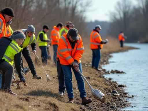 Community volunteers in bright vests diligently cleaning a local riverbank in Shelby Township, collecting litter.