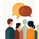 Icon depicting a group of people with a speech bubble, symbolizing community awareness and education efforts.